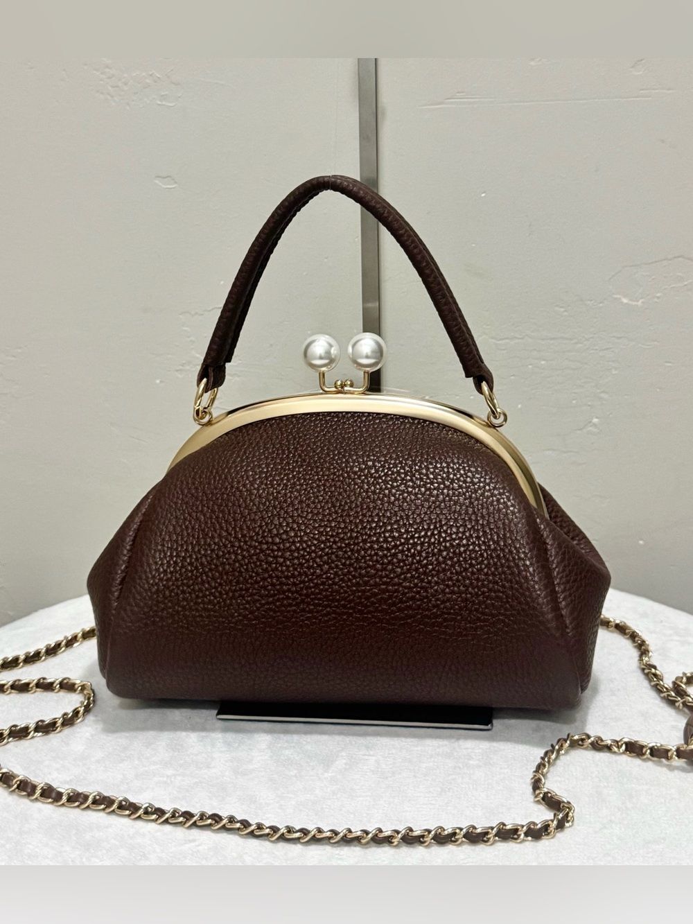 Brown Togo Cowhide Handmade “Pearl” Kisslock Frame Clutch Bag, Multi Use Style